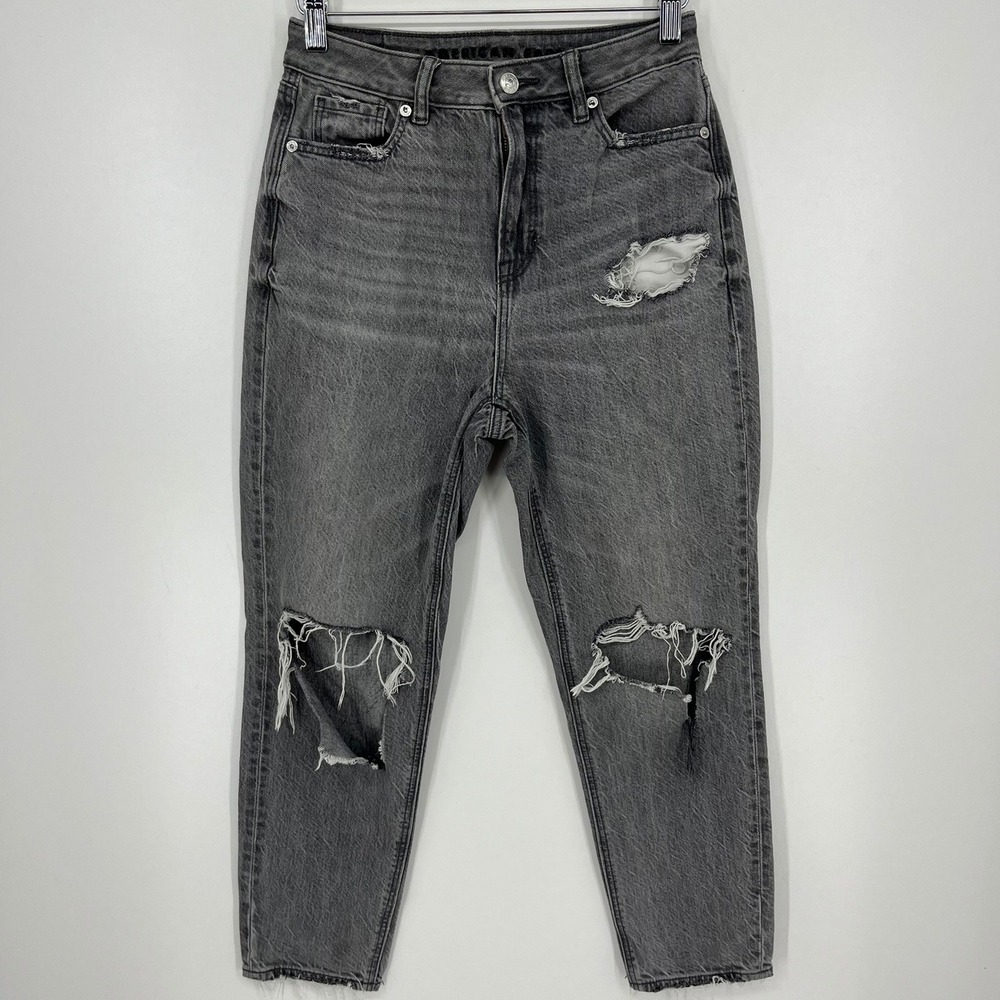 American Eagle Real Good Mom Jeans Gray Distressed High Rise Tapered Leg 0 Short